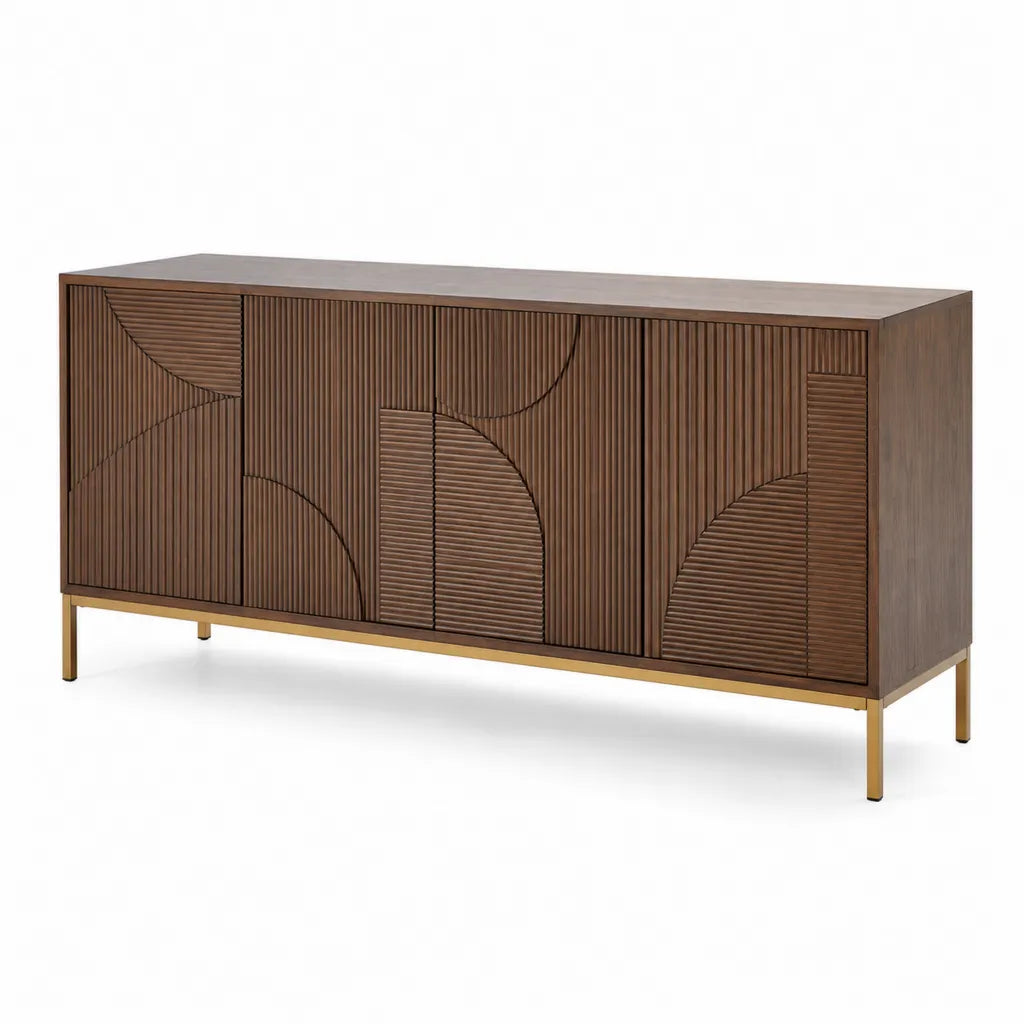Credenza 4 ante rettangolare in MDF impiallacciato noce con gambe dorate 160 x 40 x 80 cm