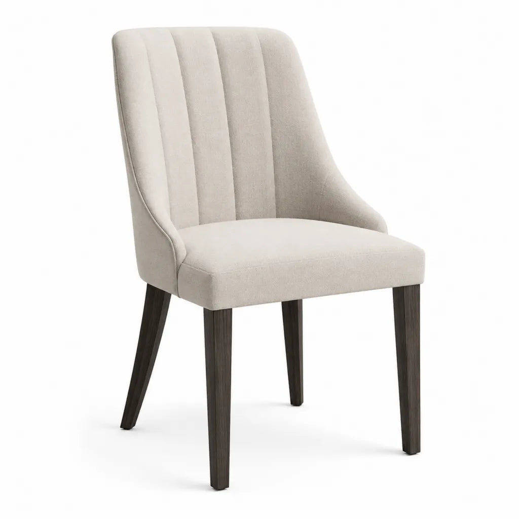 Sedia da pranzo imbottita con schienale curvo in poliestere beige e gambe in legno massello marrone scuro 50 x 60 x 87 cm