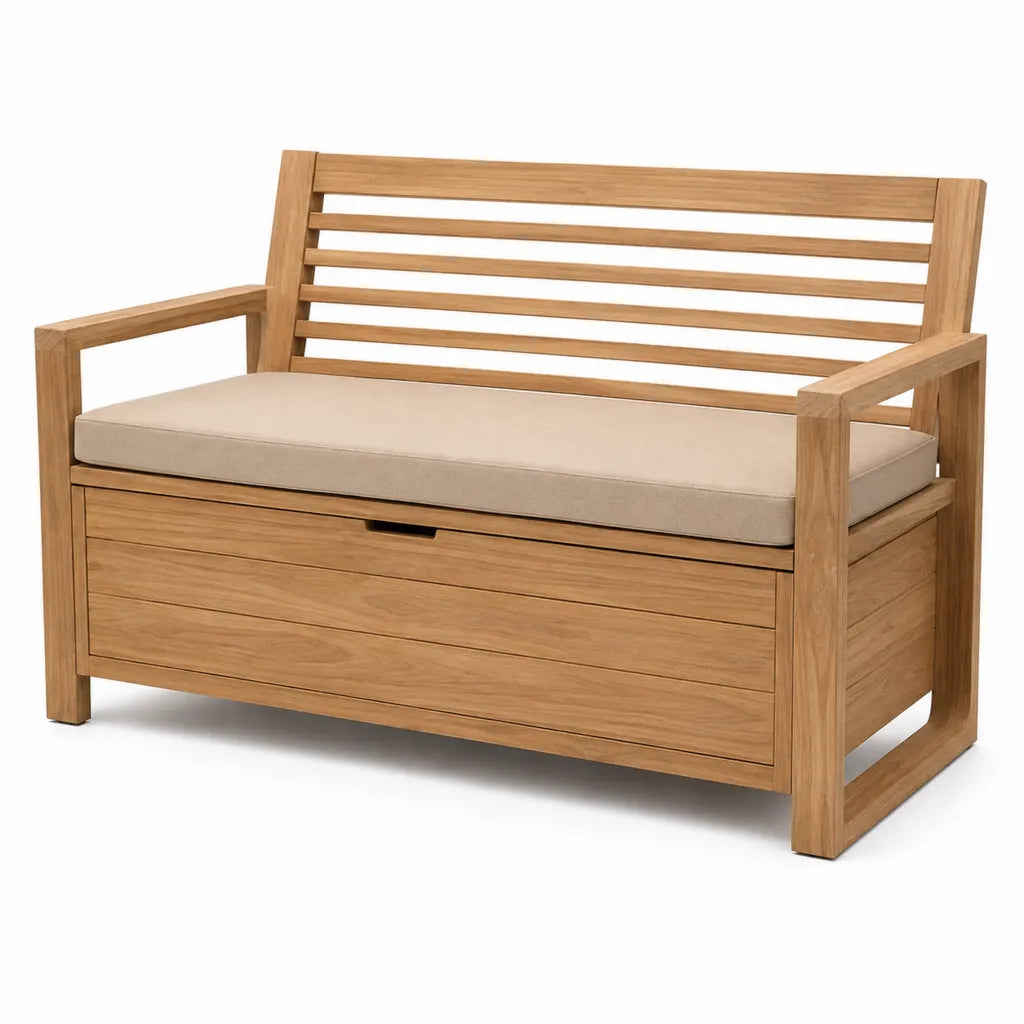 Panca da giardino con contenitore in teak massello e cuscino beige 130 x 65 x 90 cm