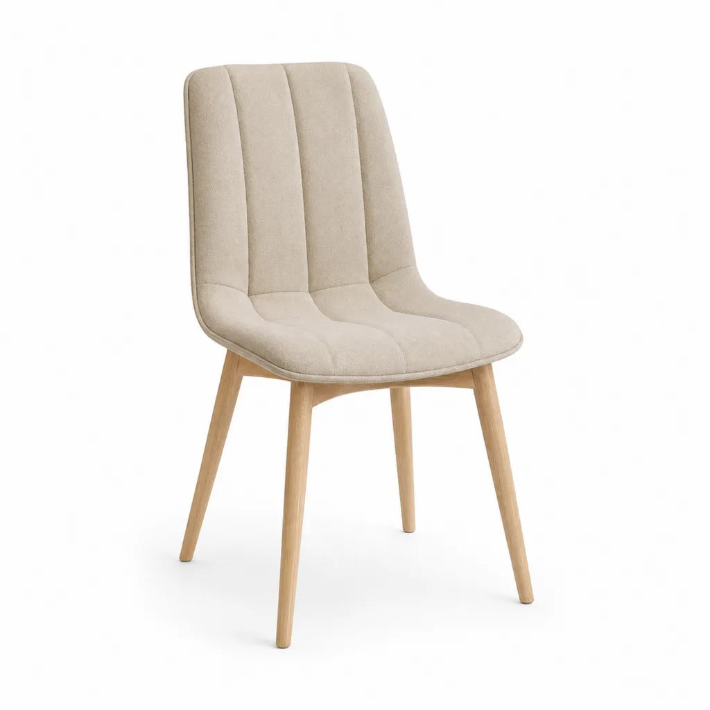 Sedia da pranzo imbottita con schienale curvo in poliestere beige e gambe in legno massello 48 x 58 x 86 cm