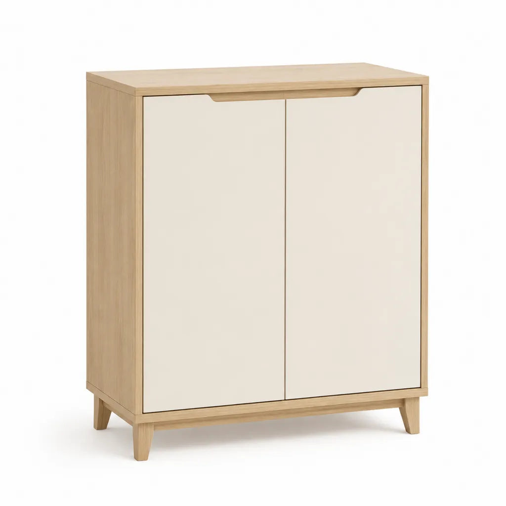 Credenza a due ante rettangolare 80 x 40 x 100 cm in MDF effetto rovere e bianco