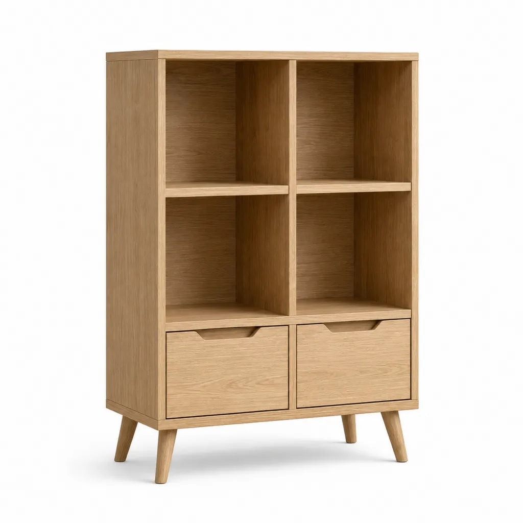 Credenza alta con 2 cassetti e 4 vani in MDF impiallacciato rovere rettangolare naturale 80 x 40 x 160 cm