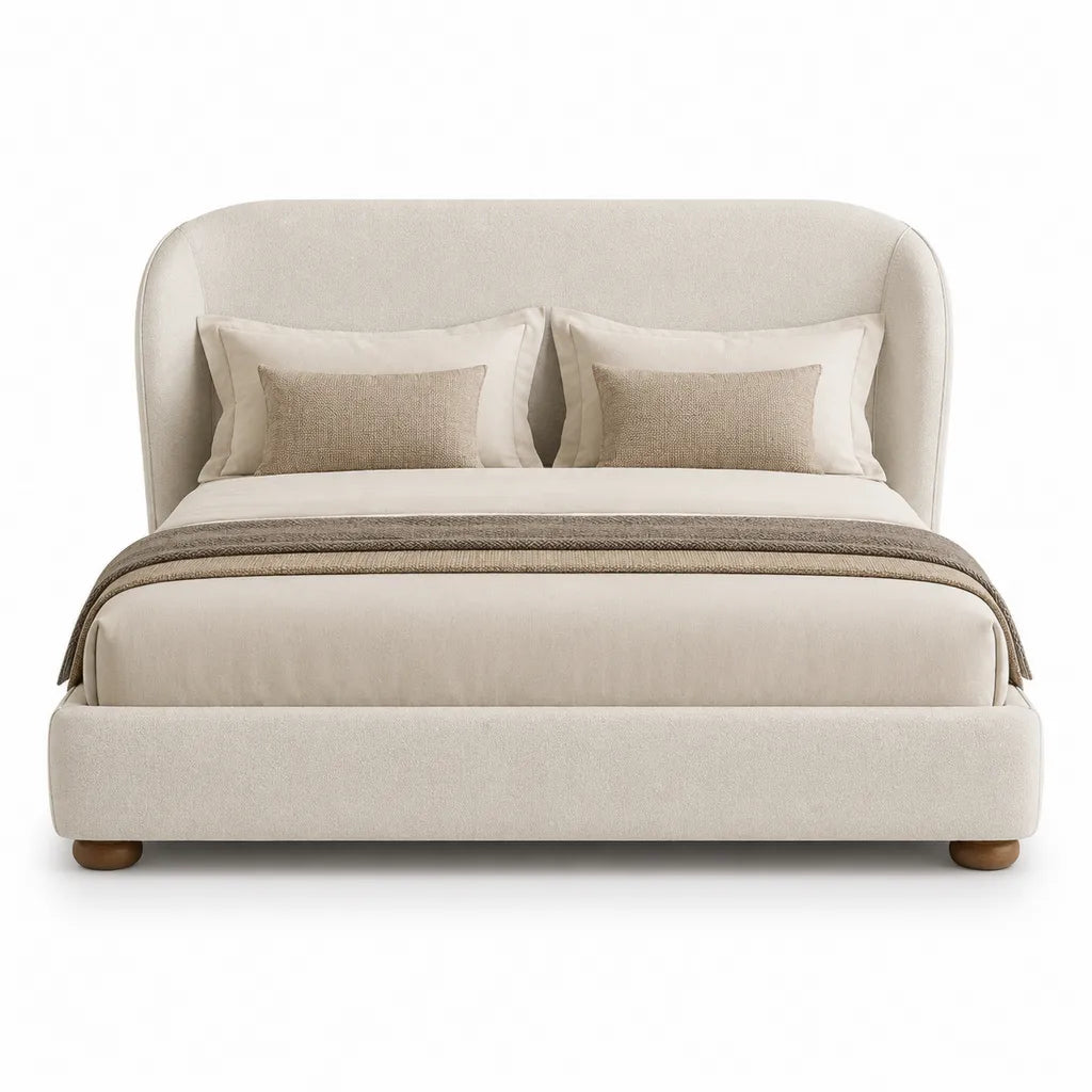 Letto contenitore matrimoniale 160 x 200 cm imbottito in poliestere beige con testiera arrotondata