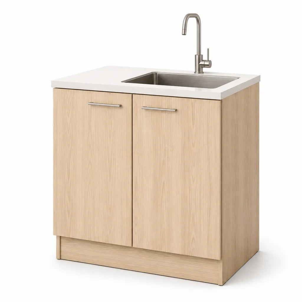 Mobile lavello cucina rettangolare 80 x 60 x 85 cm con lavabo in acciaio inox e rubinetto rovere chiaro bianco