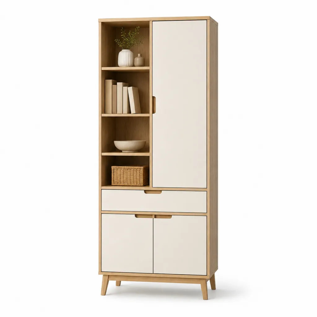Credenza alta con libreria 80 x 40 x 190 cm in MDF melaminico rovere chiaro e bianco