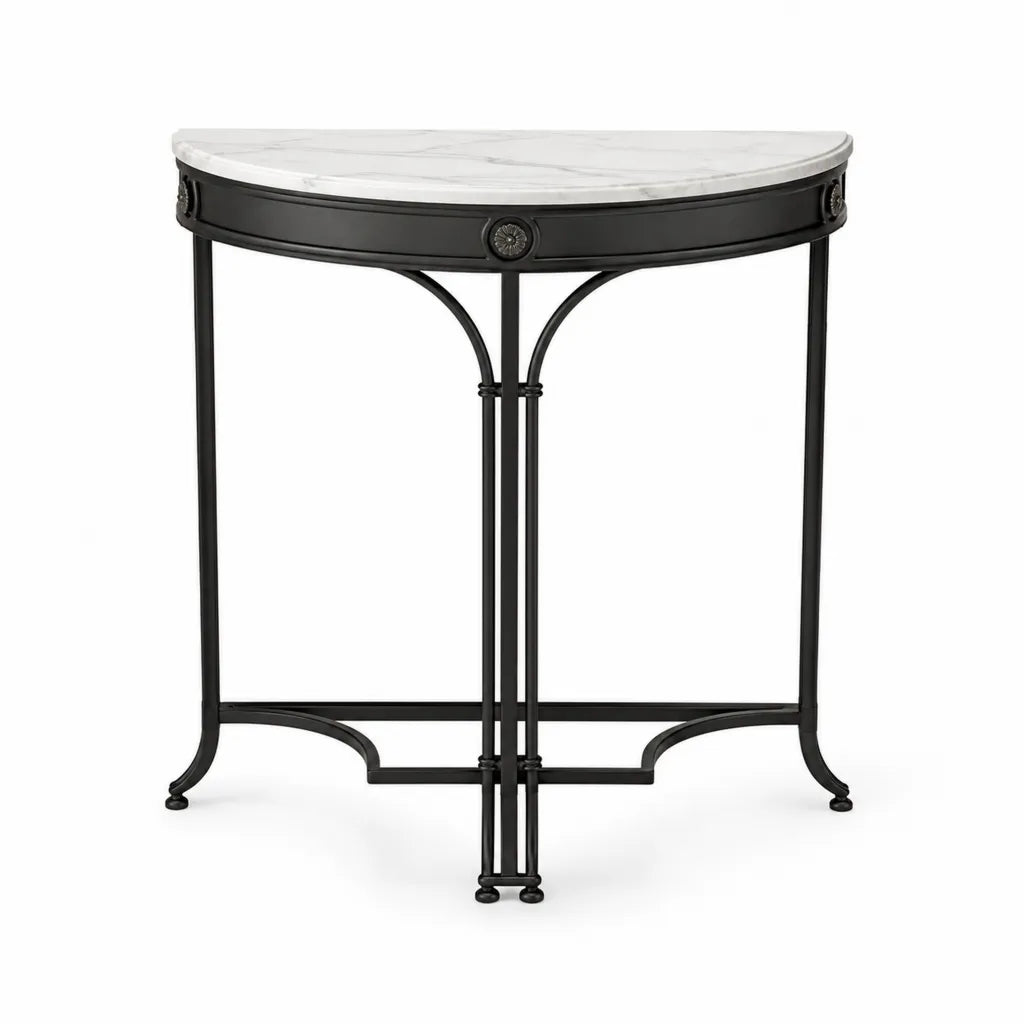 Tavolino consolle semicircolare 100 x 50 x 75 cm in MDF effetto marmo e acciaio nero