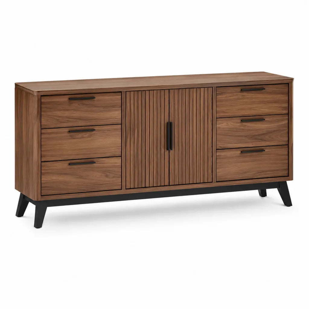 Credenza con 6 cassetti e 2 ante in MDF impiallacciato noce rettangolare 160 x 40 x 85 cm noce e nero