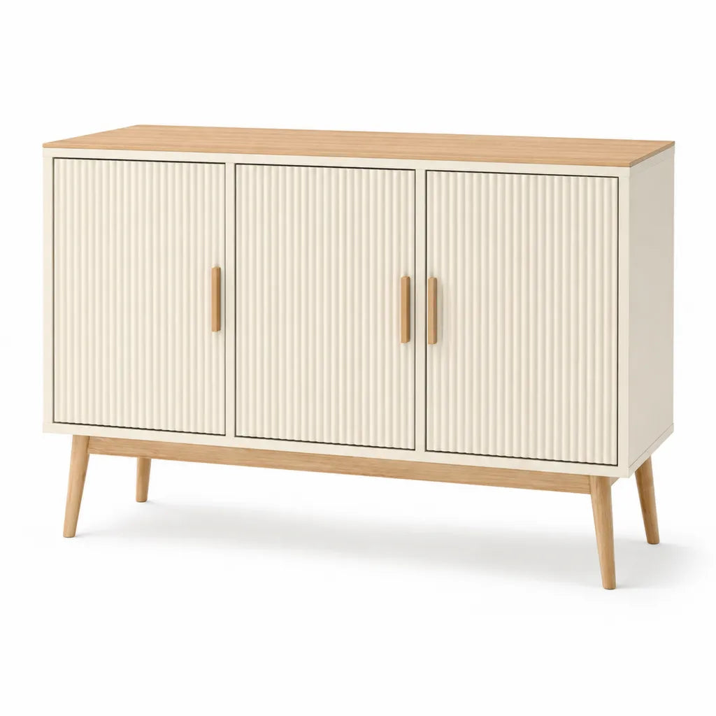 Credenza a 3 ante rettangolare in MDF e legno massello crema e naturale 120 x 40 x 80 cm