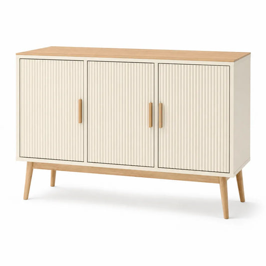 Credenza a 3 ante rettangolare in MDF e legno massello crema e naturale 120 x 40 x 80 cm
