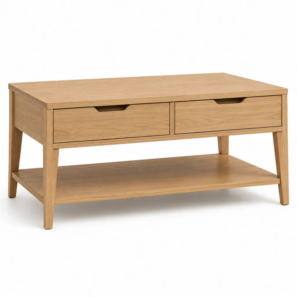 Tavolino da caffe con 2 cassetti in rovere massello rettangolare naturale 100 x 60 x 50 cm