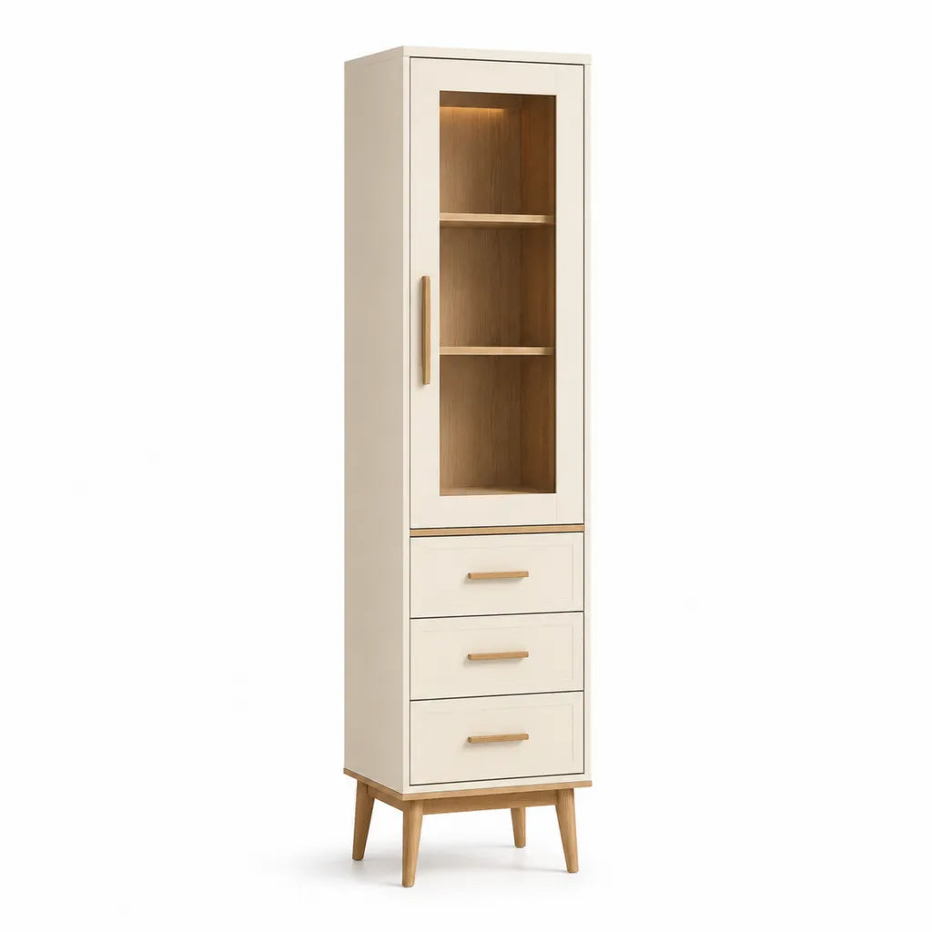 Vetrina alta a 1 anta con 3 cassetti in MDF e vetro rettangolare bianco rovere 50 x 40 x 180 cm