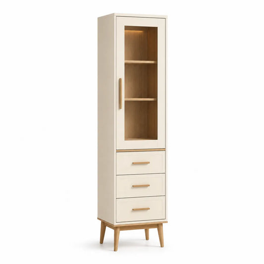 Vetrina alta a 1 anta con 3 cassetti in MDF e vetro rettangolare bianco rovere 50 x 40 x 180 cm