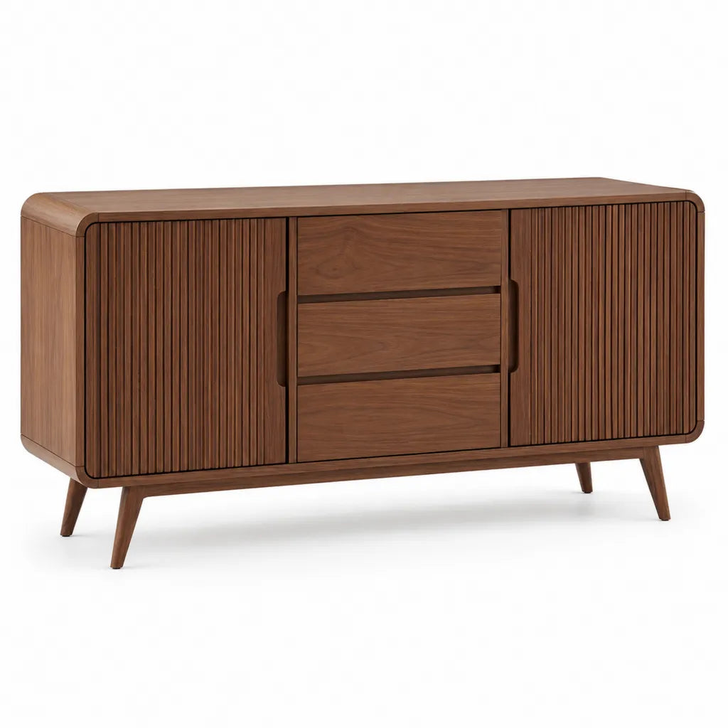 Credenza da sala da pranzo 160 x 40 x 80 cm in MDF impiallacciato noce rettangolare marrone con 3 cassetti e 2 ante