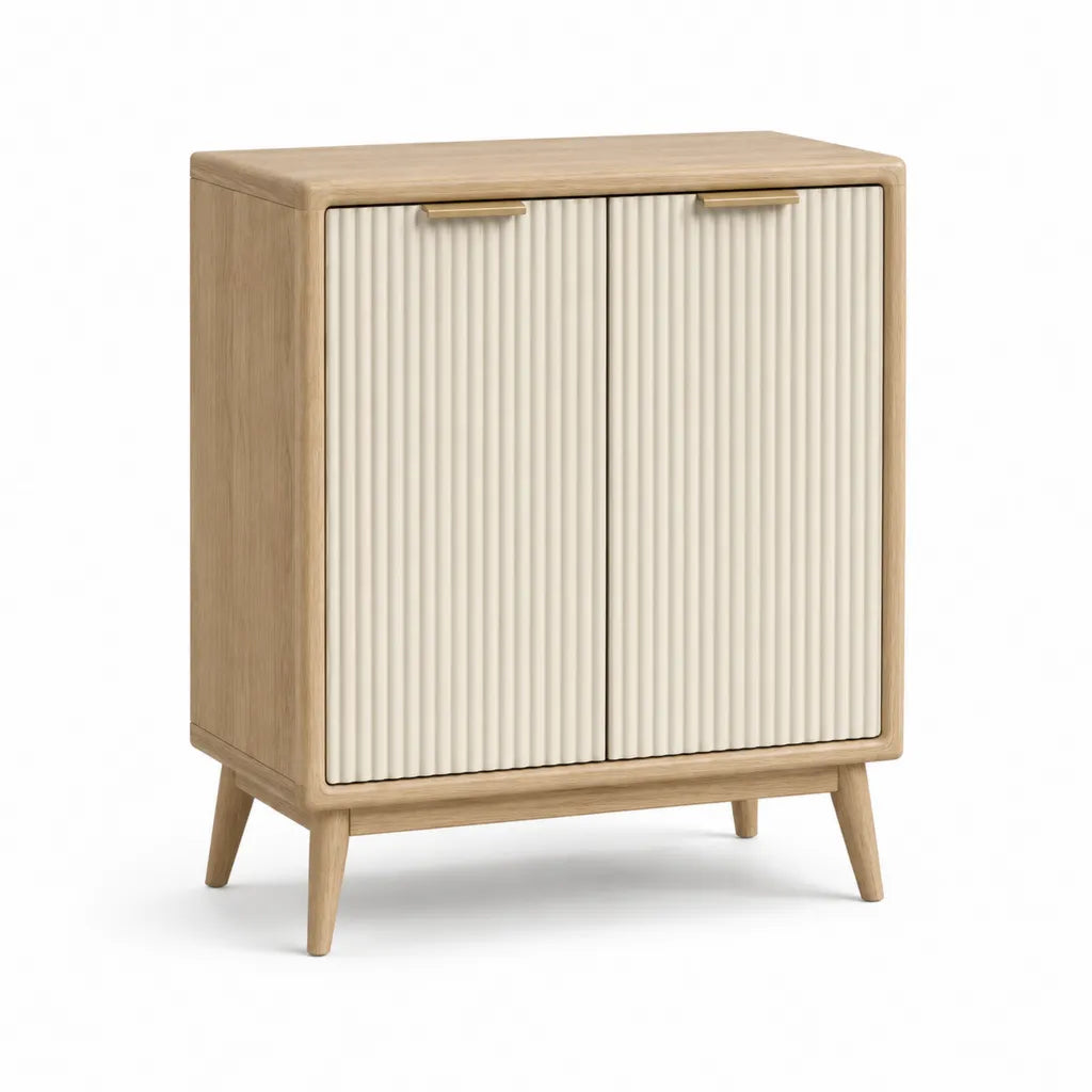 Credenza rettangolare a 2 ante scanalate in MDF impiallacciato rovere e bianco crema 80 x 40 x 100 cm
