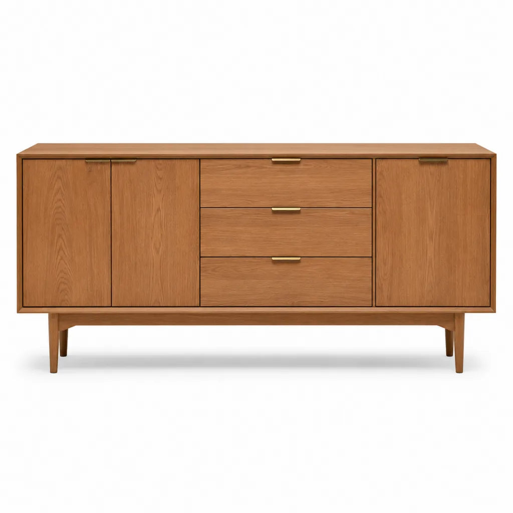 Credenza 3 ante e 3 cassetti 180 x 45 x 85 cm in MDF impiallacciato rovere rettangolare naturale