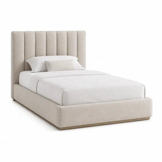 Letto contenitore matrimoniale 160 x 200 cm imbottito in poliestere beige con testiera alta rettangolare