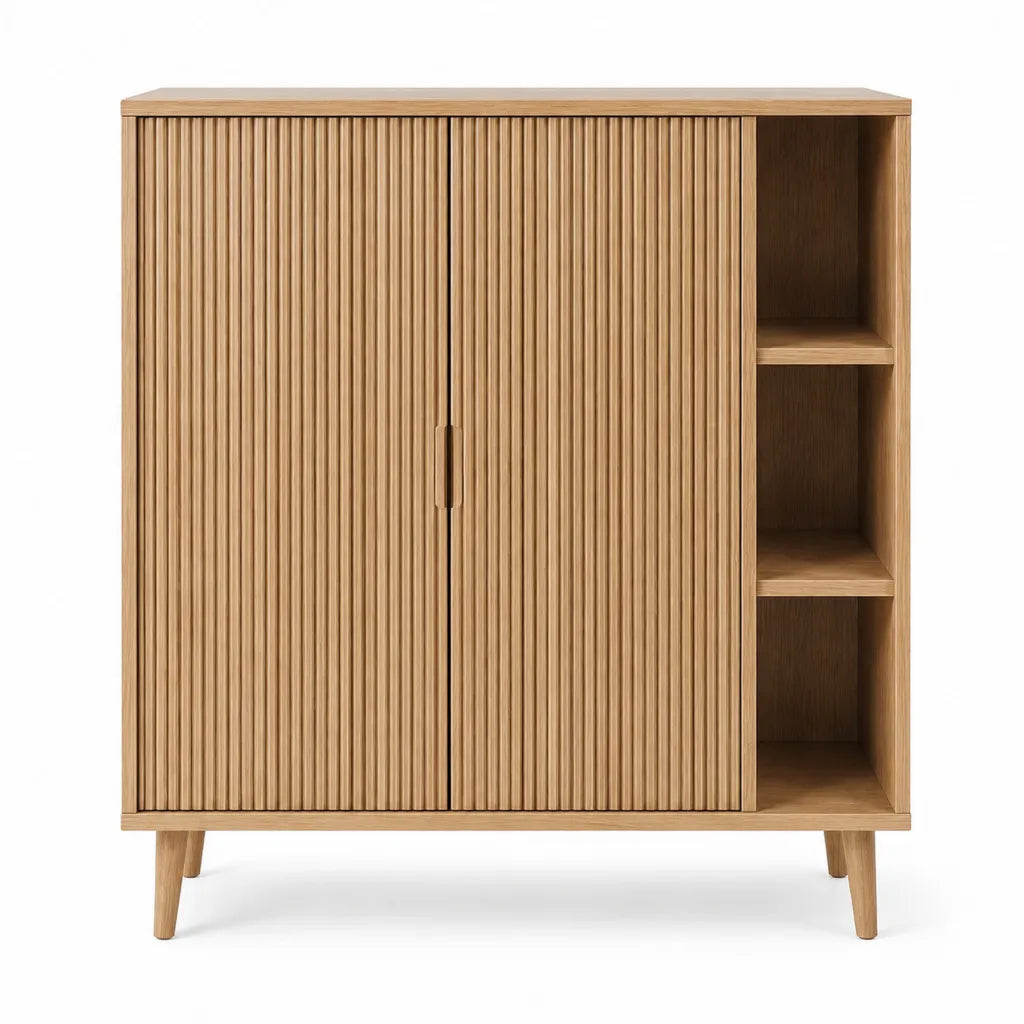 Credenza alta rettangolare in MDF effetto rovere naturale 100 x 40 x 120 cm con 2 ante e 3 vani a giorno