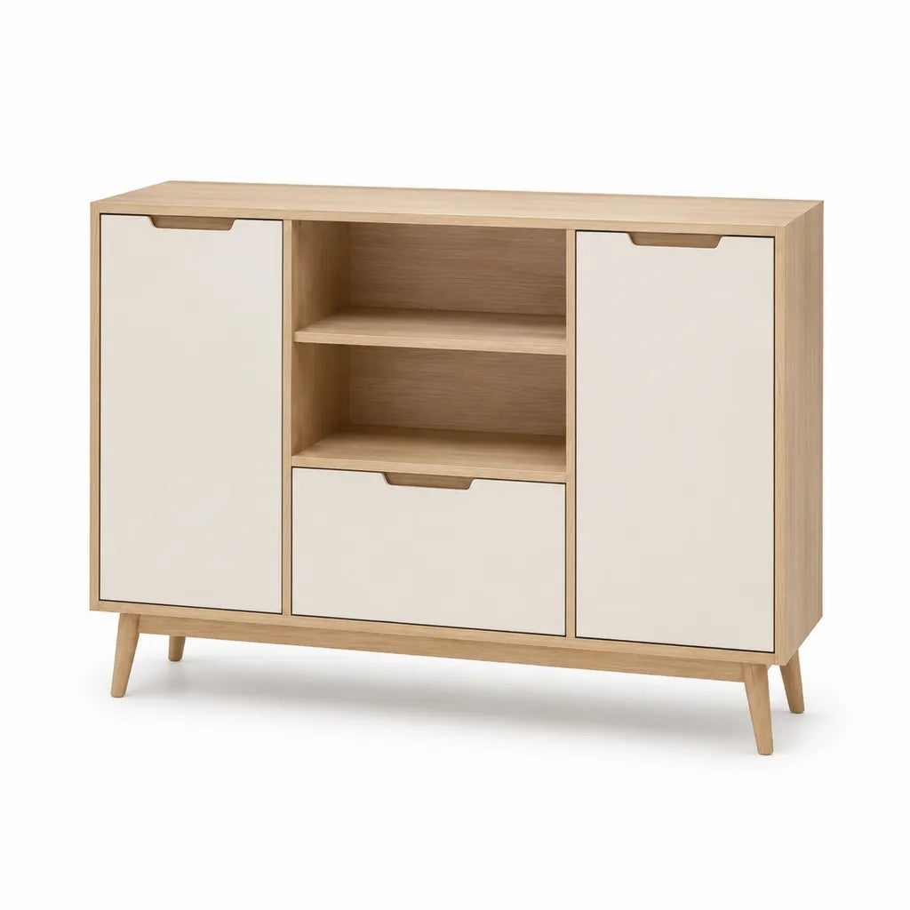 Credenza da sala da pranzo 120 x 40 x 90 cm in truciolare e MDF rovere chiaro crema