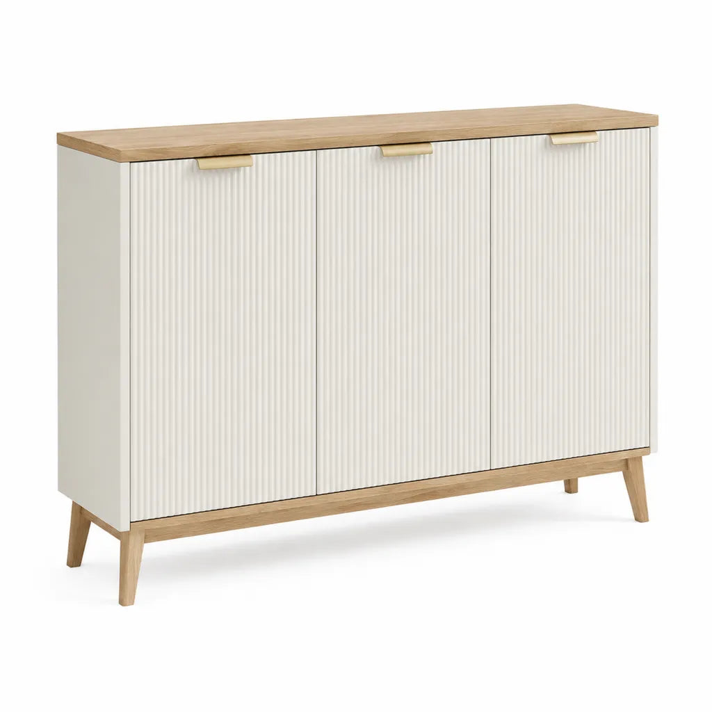 Credenza 3 ante scanalate rettangolare in MDF bianco e legno naturale 120 x 40 x 80 cm