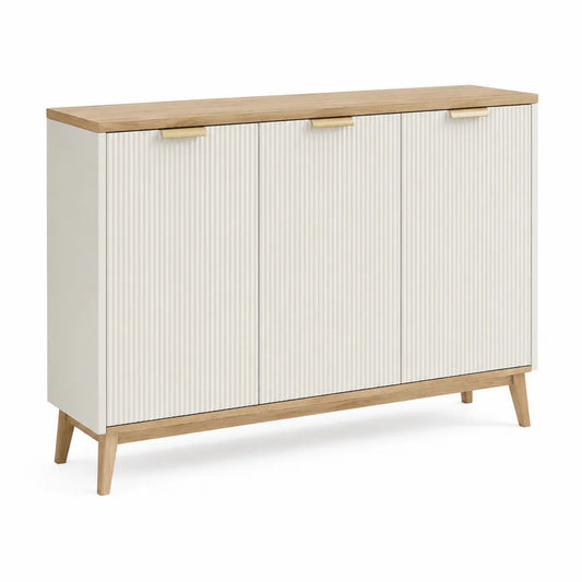 Credenza 3 ante scanalate rettangolare in MDF bianco e legno naturale 120 x 40 x 80 cm