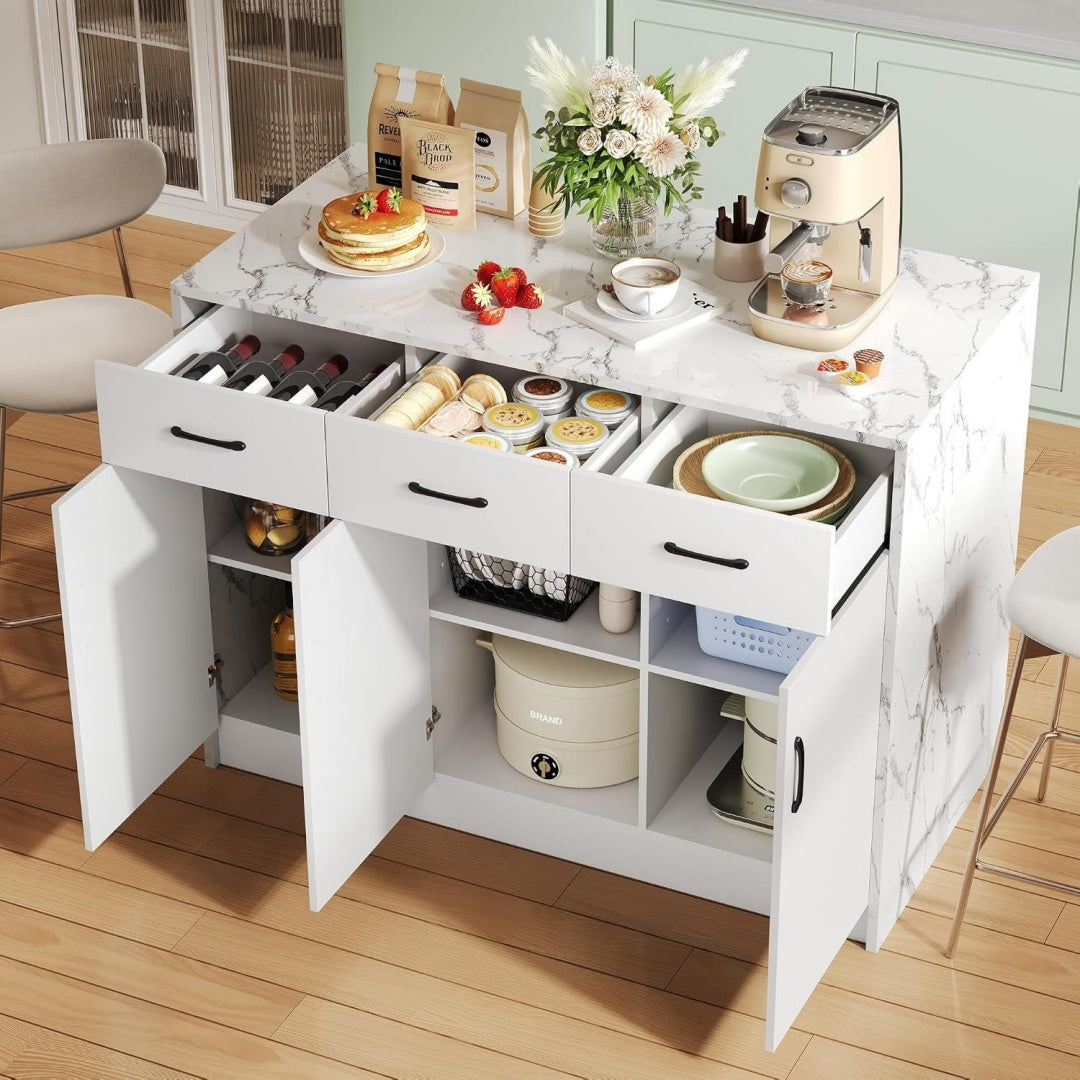Armadio Armadio da cucina 120 x 60 x 90,5 cm, 3 cassetti e 3 ante, design marmo bia