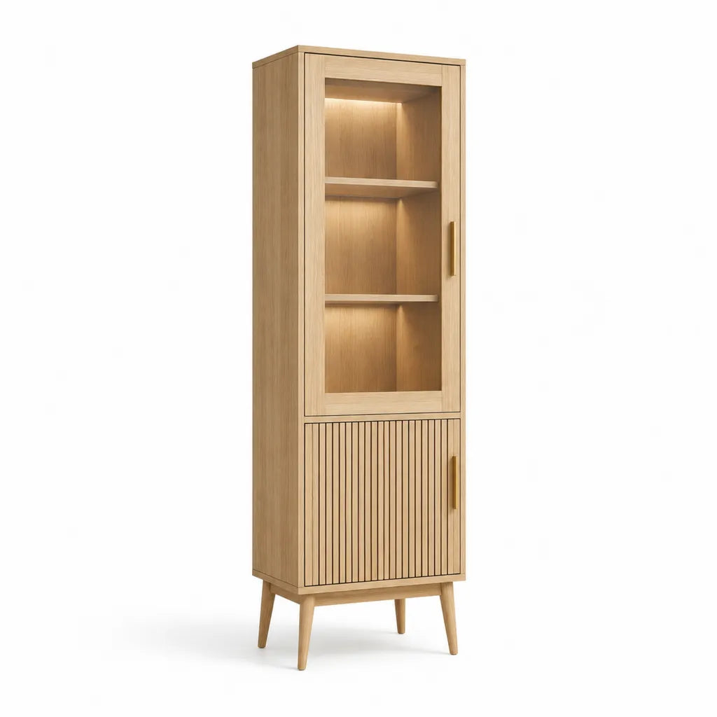 Vetrina alta 60 x 40 x 190 cm in MDF impiallacciato rovere con vetro rettangolare naturale