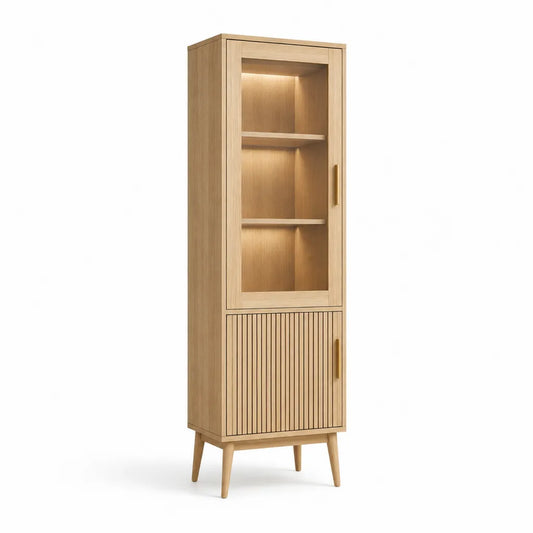 Vetrina alta 60 x 40 x 190 cm in MDF impiallacciato rovere con vetro rettangolare naturale