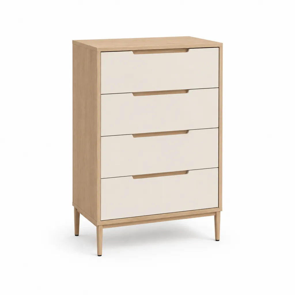 Cassettiera 4 cassetti rettangolare in MDF e legno massello 80 x 40 x 120 cm rovere naturale e bianco