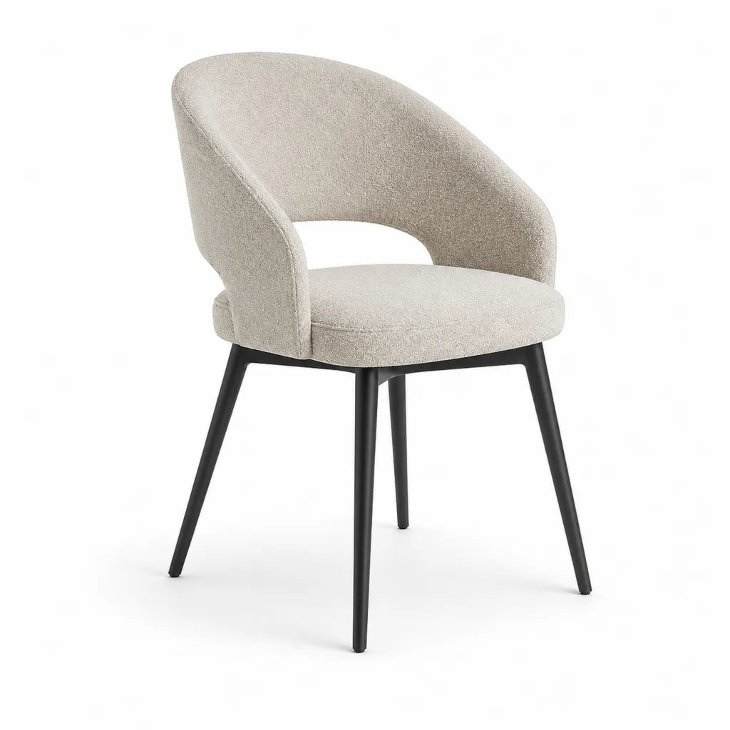 Sedia da pranzo imbottita con braccioli in poliestere boucle beige e acciaio nero 58 x 60 x 78 cm