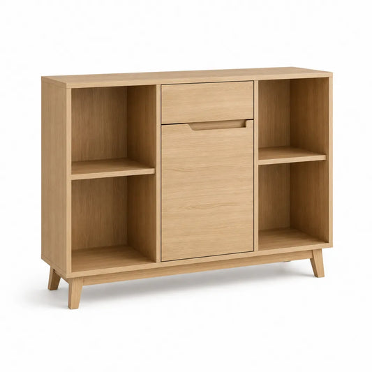 Credenza da Sala da Pranzo con Vani Aperti Cassetto e Anta 100 x 40 x 90 cm in MDF Impiallacciato Rovere Rettangolare Naturale