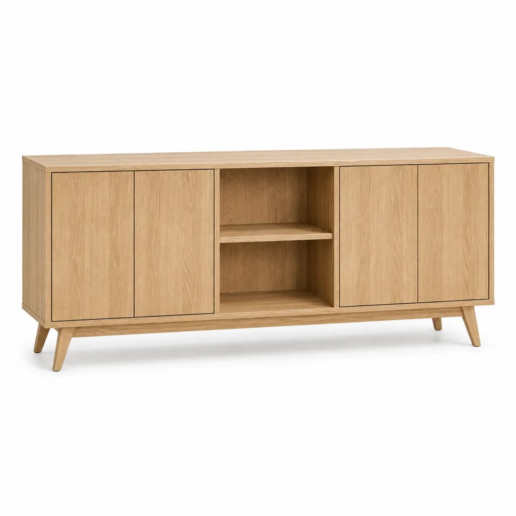 Credenza 4 ante con vano a giorno in MDF impiallacciato rovere rettangolare naturale 160 x 40 x 80 cm