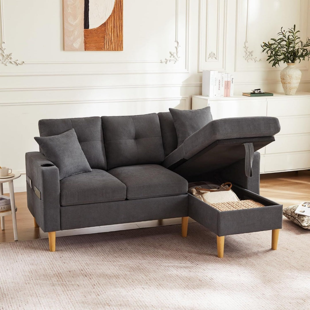 Divano Divano Moderno a Forma di L, a 3 Posti, con Chaiselongue, Portabevande, Spa
