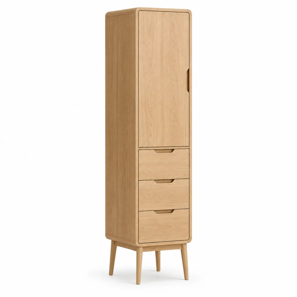 Credenza alta con 1 anta e 3 cassetti in MDF impiallacciato rovere rettangolare naturale 60 x 40 x 190 cm