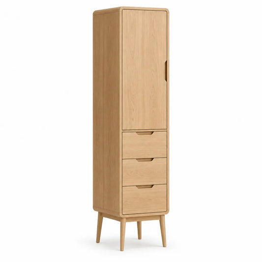 Credenza alta con 1 anta e 3 cassetti in MDF impiallacciato rovere rettangolare naturale 60 x 40 x 190 cm