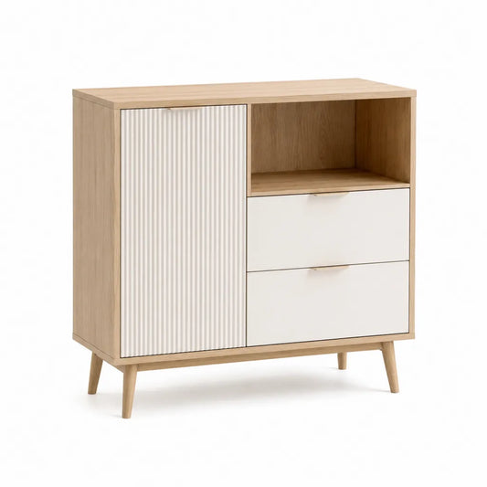 Credenza da sala da pranzo 80 x 40 x 90 cm in pannello truciolare melaminico rovere chiaro e bianco con anta scanalata e 2 cassetti
