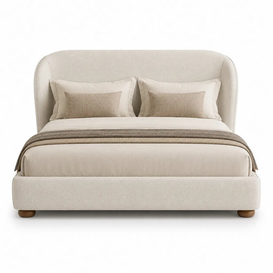 Letto contenitore matrimoniale 160 x 200 cm imbottito in poliestere beige con testiera arrotondata