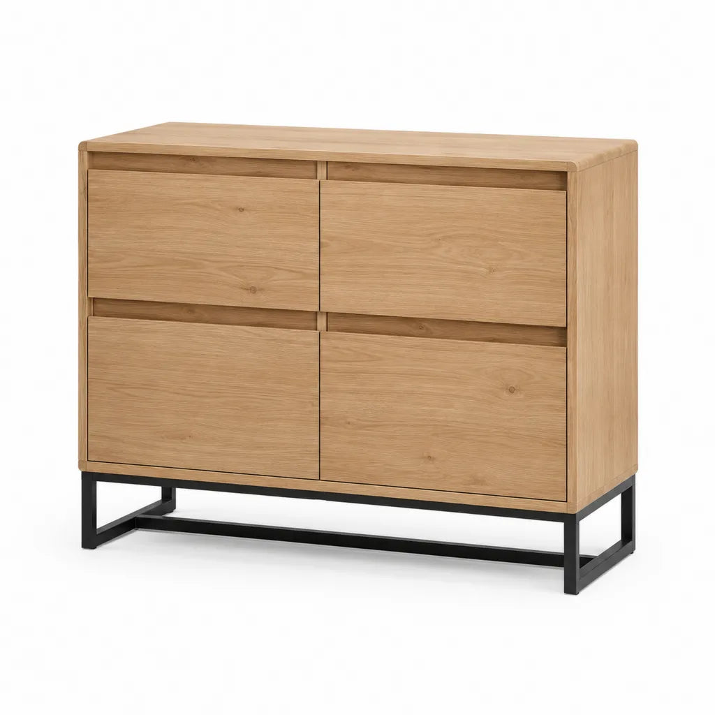 Credenza 4 ante rettangolare in rovere massello naturale con base in acciaio nero 100 x 45 x 90 cm