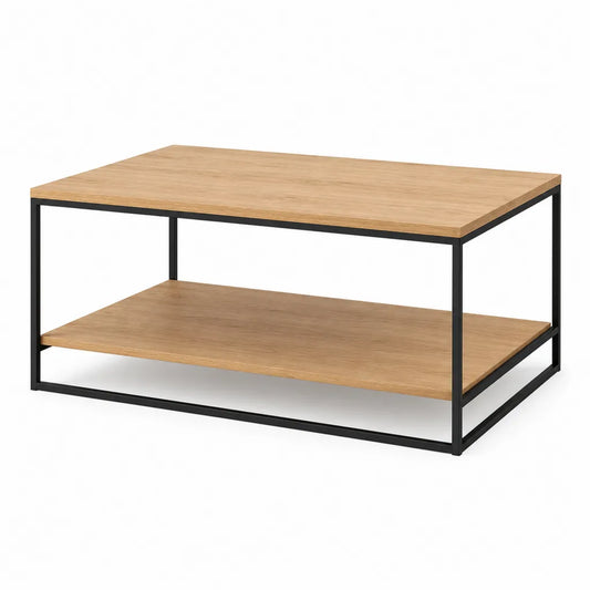 Tavolino da caffe rettangolare con ripiano 100 x 60 x 45 cm in MDF impiallacciato rovere e acciaio nero