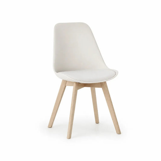 Sedia da pranzo imbottita in PU bianco con gambe in legno massello 45 x 55 x 82 cm