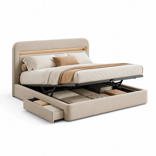 Letto contenitore matrimoniale 160 x 200 cm con apertura idraulica e cassetto in poliestere beige