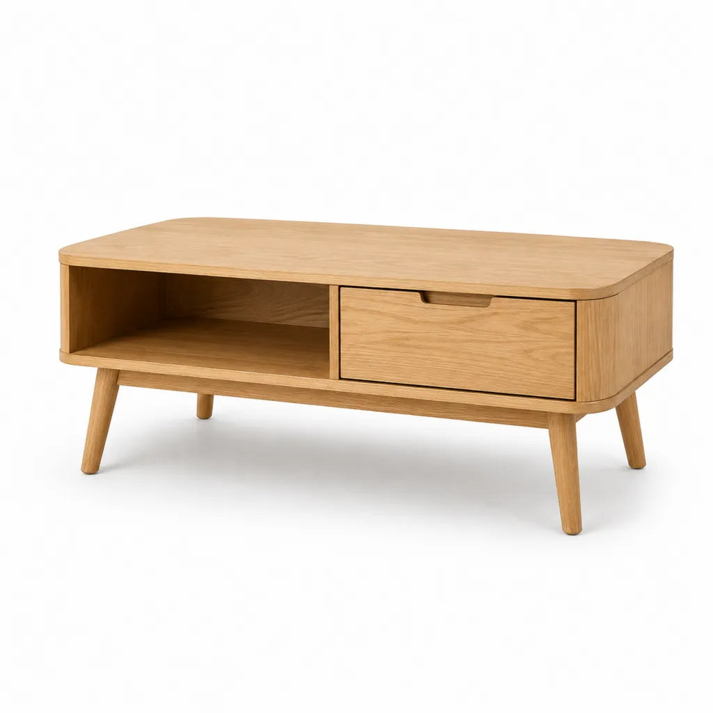 Tavolino da caffe con cassetto e vano aperto in MDF impiallacciato rovere 100 x 50 x 45 cm marrone chiaro