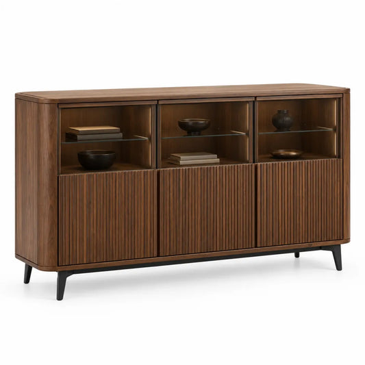 Credenza vetrina rettangolare 180 x 45 x 90 cm in MDF impiallacciato noce marrone