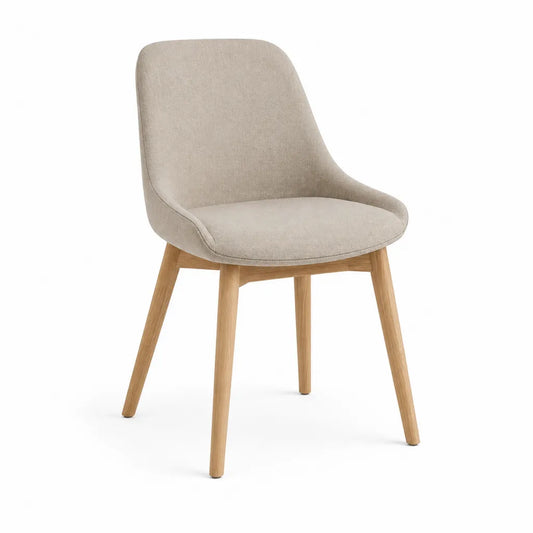 Sedia da pranzo imbottita in poliestere beige con gambe in rovere massello 55 x 58 x 82 cm