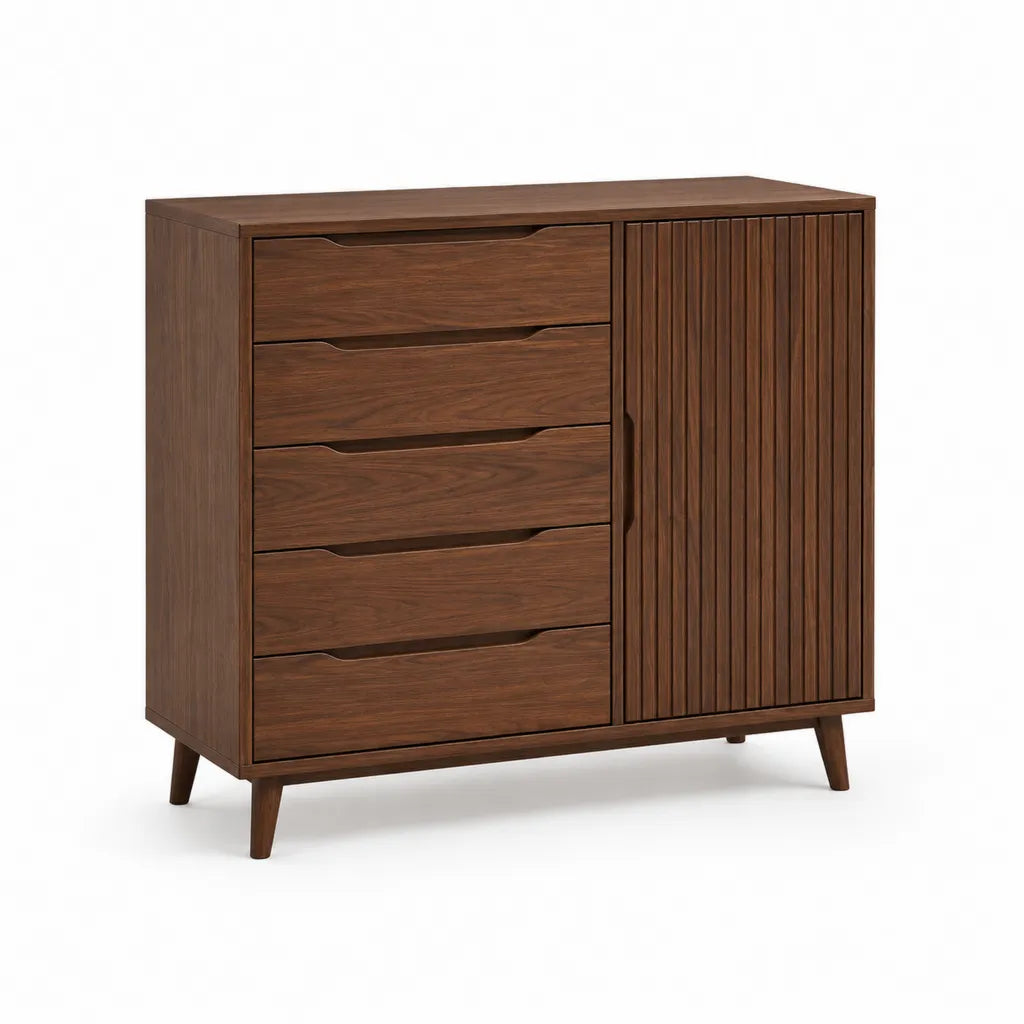 Cassettiera bassa 5 cassetti 1 anta in MDF impiallacciato noce marrone 120 x 45 x 95 cm
